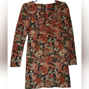 Free People Kapowski Orange Floral Corduroy Long Sleeve Dress Size 0 V-Neck Mini